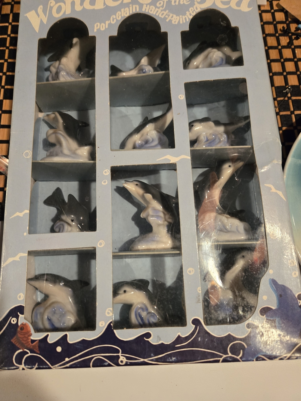 Porcelain Dolphin Figurine Set - Blue & White Decorative Accents